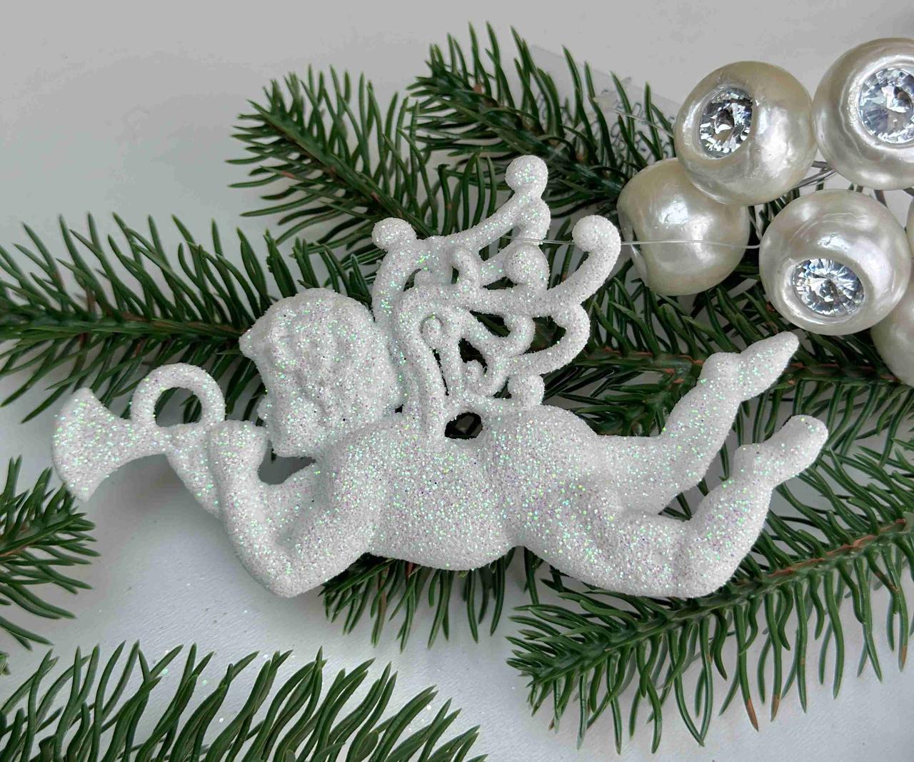 Підвіска ангелочок в глітері з дудкою 13 х 7см, білий, за 1 шт 10779, фото 1