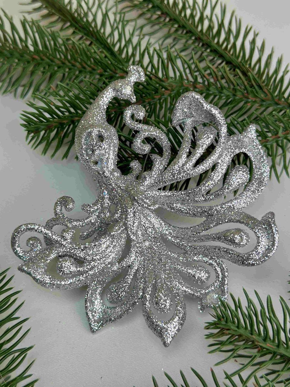 Підвіска павич в глітері, 10 х 10см, срібло, за 1 шт 10782, фото 1