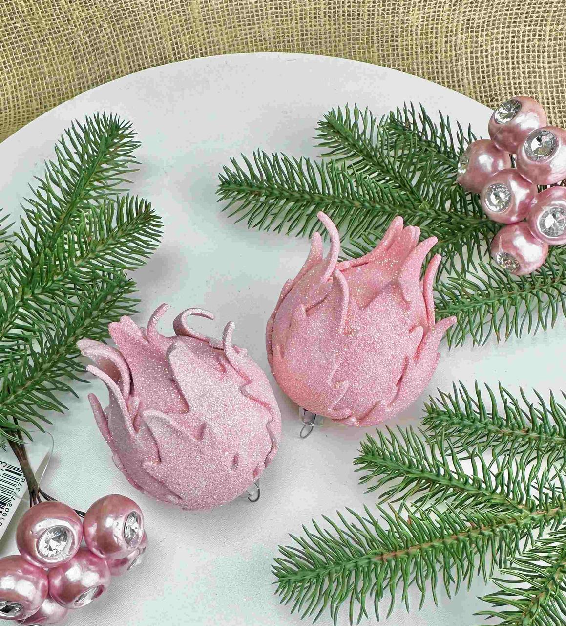 Новорічні кулі 7см оздоблений бутон квітки, пудра, за 1шт 10778, фото 1