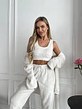 Молочний теплий махровий жіночий костюм-піжама-трійка, фото 8