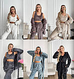 Молочний теплий махровий жіночий костюм-піжама-трійка, фото 10