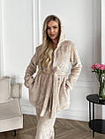 Бежевий теплий махровий жіночий костюм-піжама-трійка, фото 8