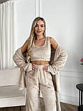 Бежевий теплий махровий жіночий костюм-піжама-трійка, фото 7