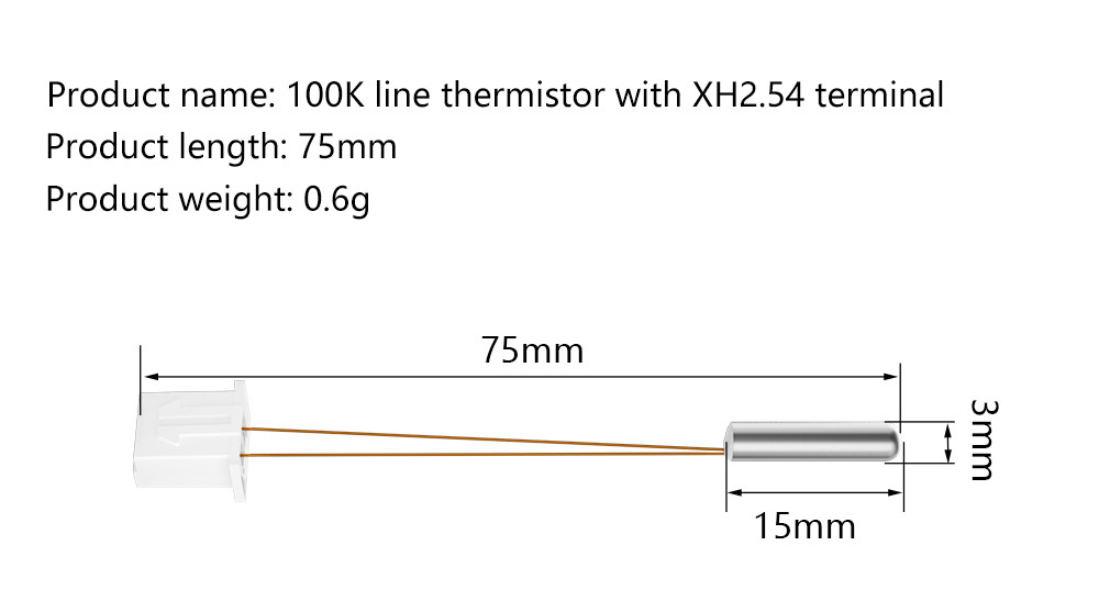 Термістор для Creality CR-6 SE, Капсула сталь D2.9mm L15mm, Провода L50mm XH2.54-2pin