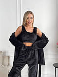 Чорний теплий махровий жіночий костюм-піжама-трійка, фото 8