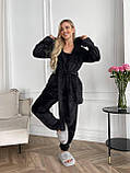 Чорний теплий махровий жіночий костюм-піжама-трійка, фото 6