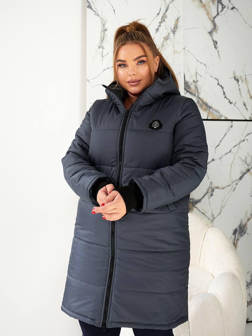 Тепла зимова жіноча дута стьобана довга куртка з капюшоном, батал великі розміри, фото 1