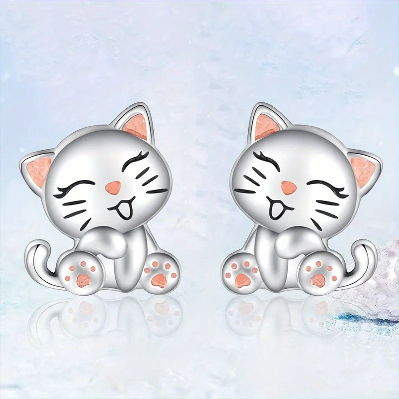 Милі сережки гвоздики у вигляді радісних кошенят сережки котики сріблястого кольору 1.1 см, фото 1