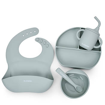 Набір дитячого силіконового посуду з 2 тарілками чашкою нагрудником та ложкою EL CAMINO ME 1172 Mix Зелений