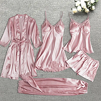 Атласний комплект для сну рожевого кольору: халат, пеньюар та піжама зі штанами та шортами