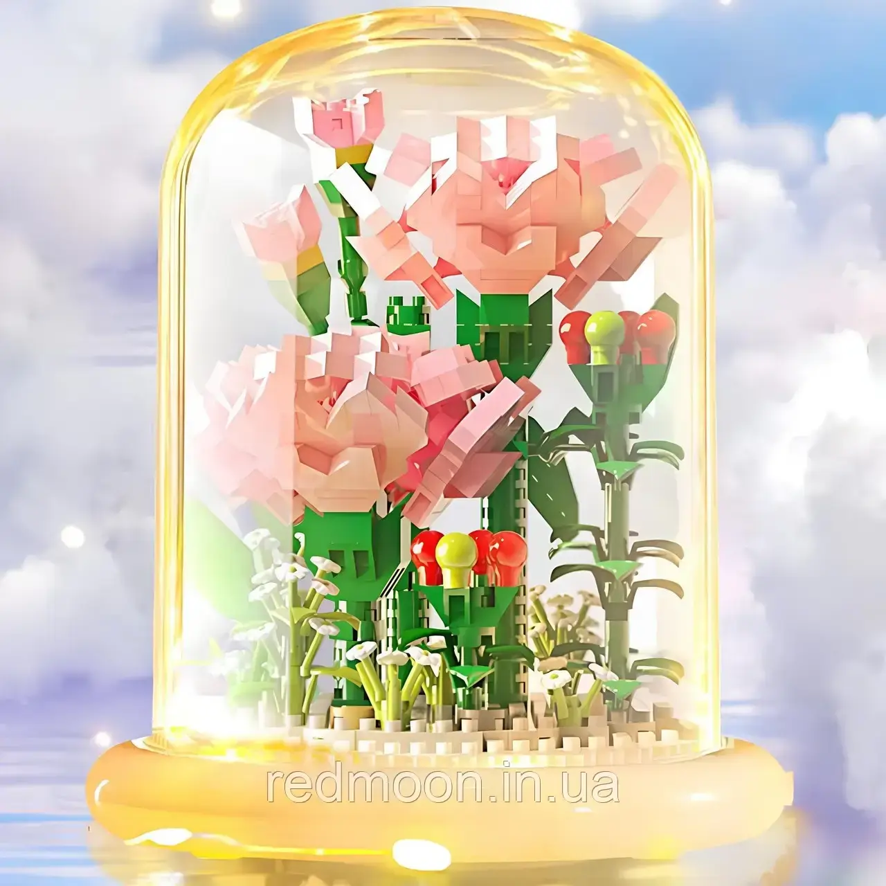 Конструктор-нічник у колбі "Квітка в горщику" 570 деталей, на батарейках, Гвоздика / 3D квітка з підсвічуванням, фото 1