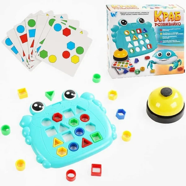 Логічна гра "Краб розвивайко" 368-13 "WToys", картки, 2 основи, дзвінок, геометричні фігури, в, фото 1