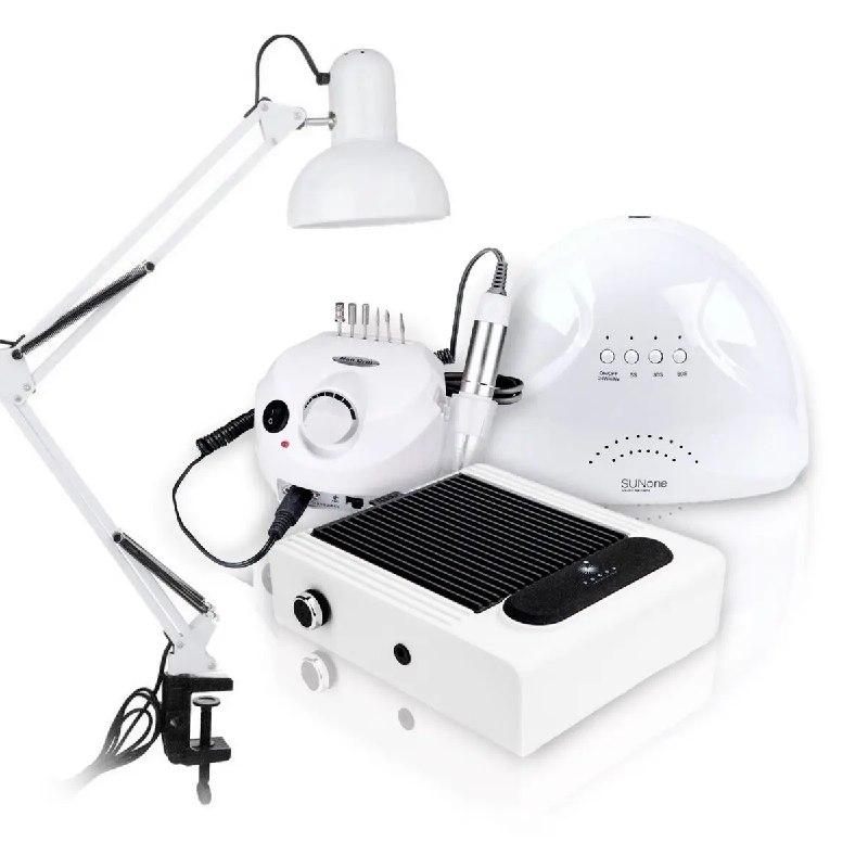 Стартовий набір для майстра манікюру 4 в 1 (фрезер, UV/LED – лампа, витяжка, настільна лампа), білий, фото 1