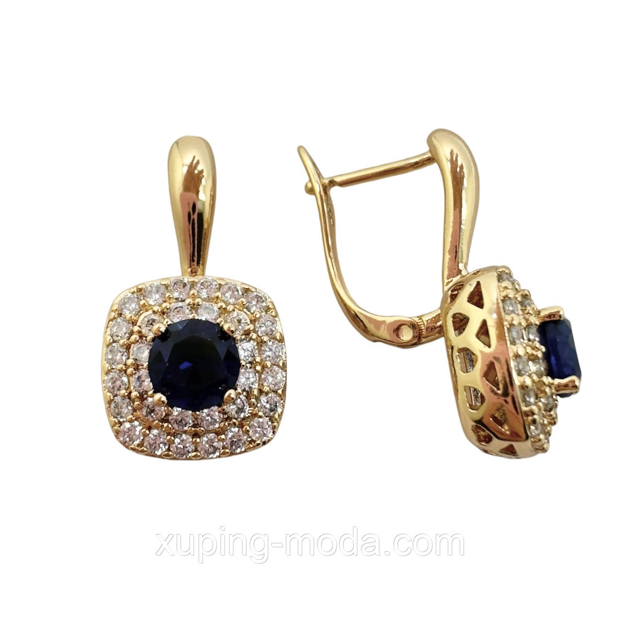 Синій. Сережки жіночі ксюпінг. 24x11 мм. 18 к, фото 1