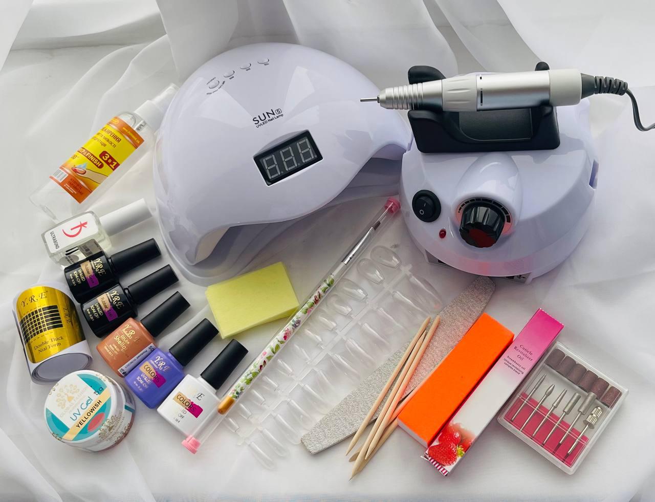 Стартовий набір для нарощування нігтів Super Sun з лампою SUN 5 та фрезером ZS-601, фото 1