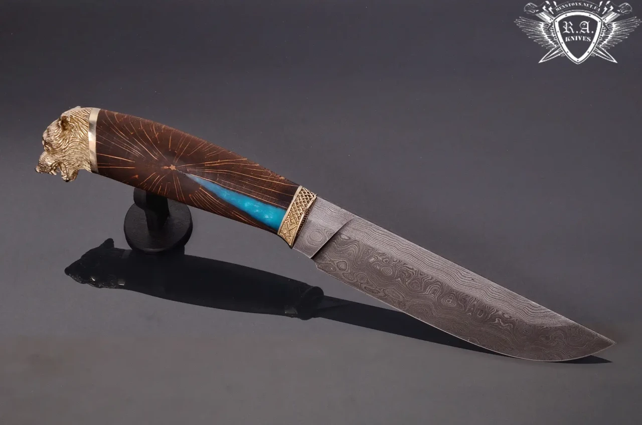 Ніж ручної роботи "Вовк 2" 150х32х4мм з дамаської сталі та колодкою з гібриду, фото 1