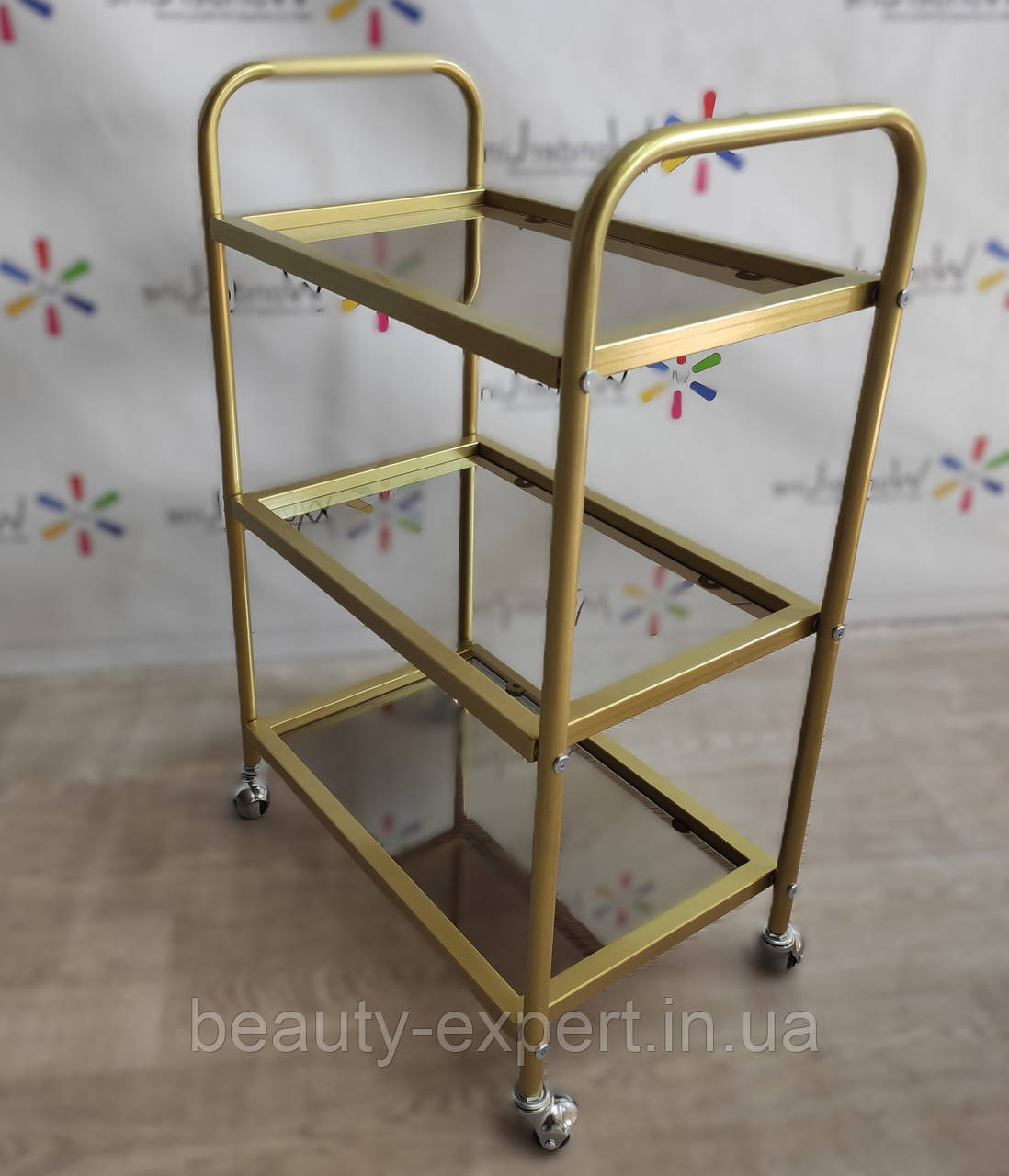 Візок для косметолога Лешмейкер салону краси GOLD_Mini столик пересувний на 3 полиці скляний
