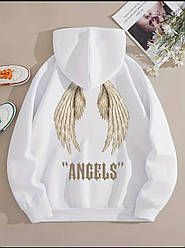 Біле жіноче мяке тепле худі оверсайз з капюшоном і крилами на спині Angels з тринитки на флісі в р. 42/46