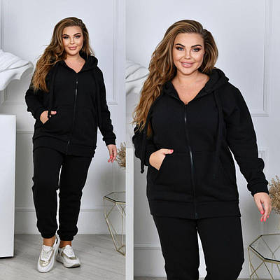 Теплий жіночий спортивний костюм великого розміру зимовий батал на флісі з капюшоном