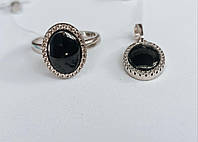 Набір срібних прикрас з чорною керамікою та камінням "Овал".