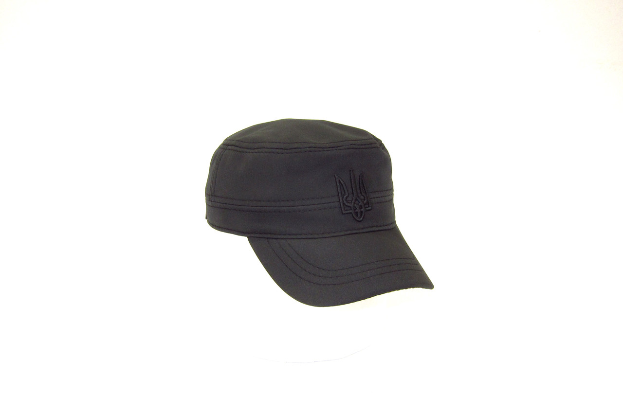 Кепка немка чорна осіння із софтшелу-плащівка на флісі з вушками з тризубом DAVANI 92005, фото 1