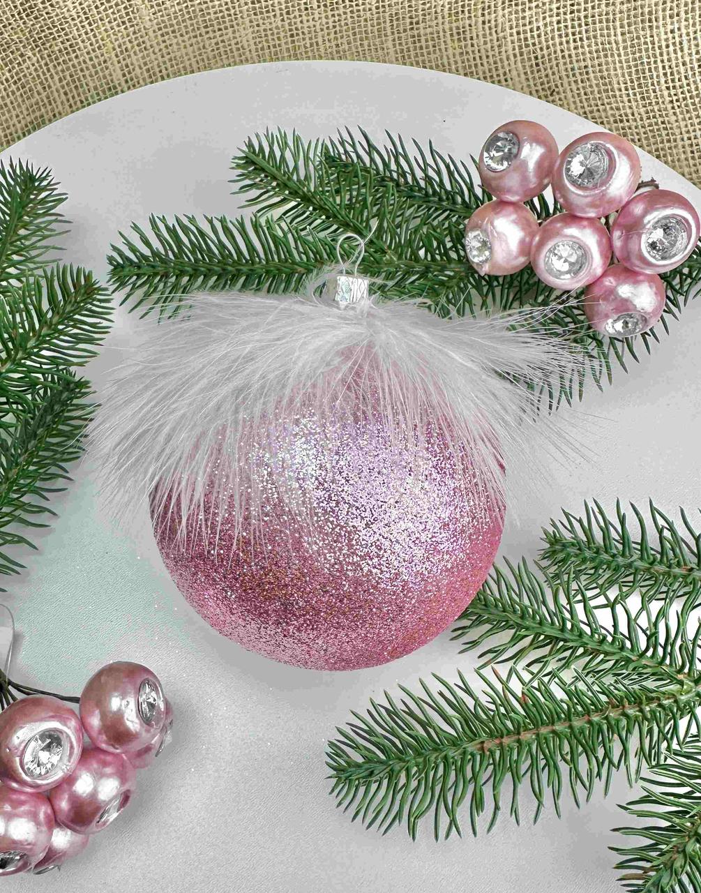 Новорічні кулі 10см з пір`їнкою, пудра, за 1шт 10786, фото 1