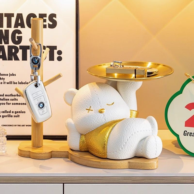 Медвижонок на дерев'яній підставці з підносом - органайзера ключниця для телефону, грошей, косметики, прикрас
