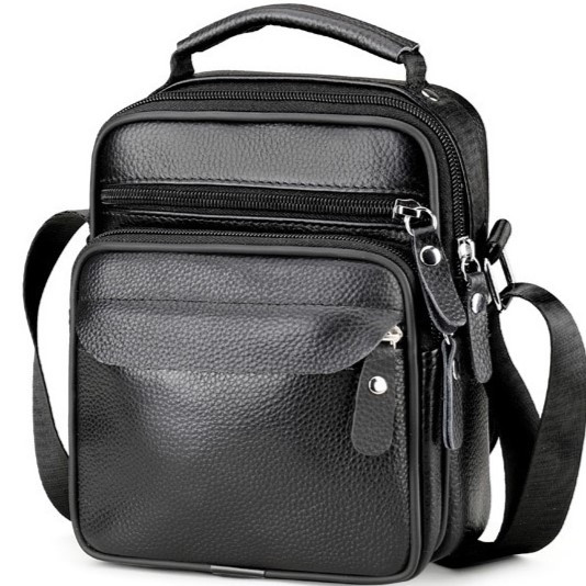 Чоловіча шкіряна сумочка через плече 17х21х9, барсетка для чоловіків, месенджер для студента, чорна, фото 1