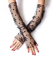 Довгі вечірні рукавички без пальців чорні Сніжинки