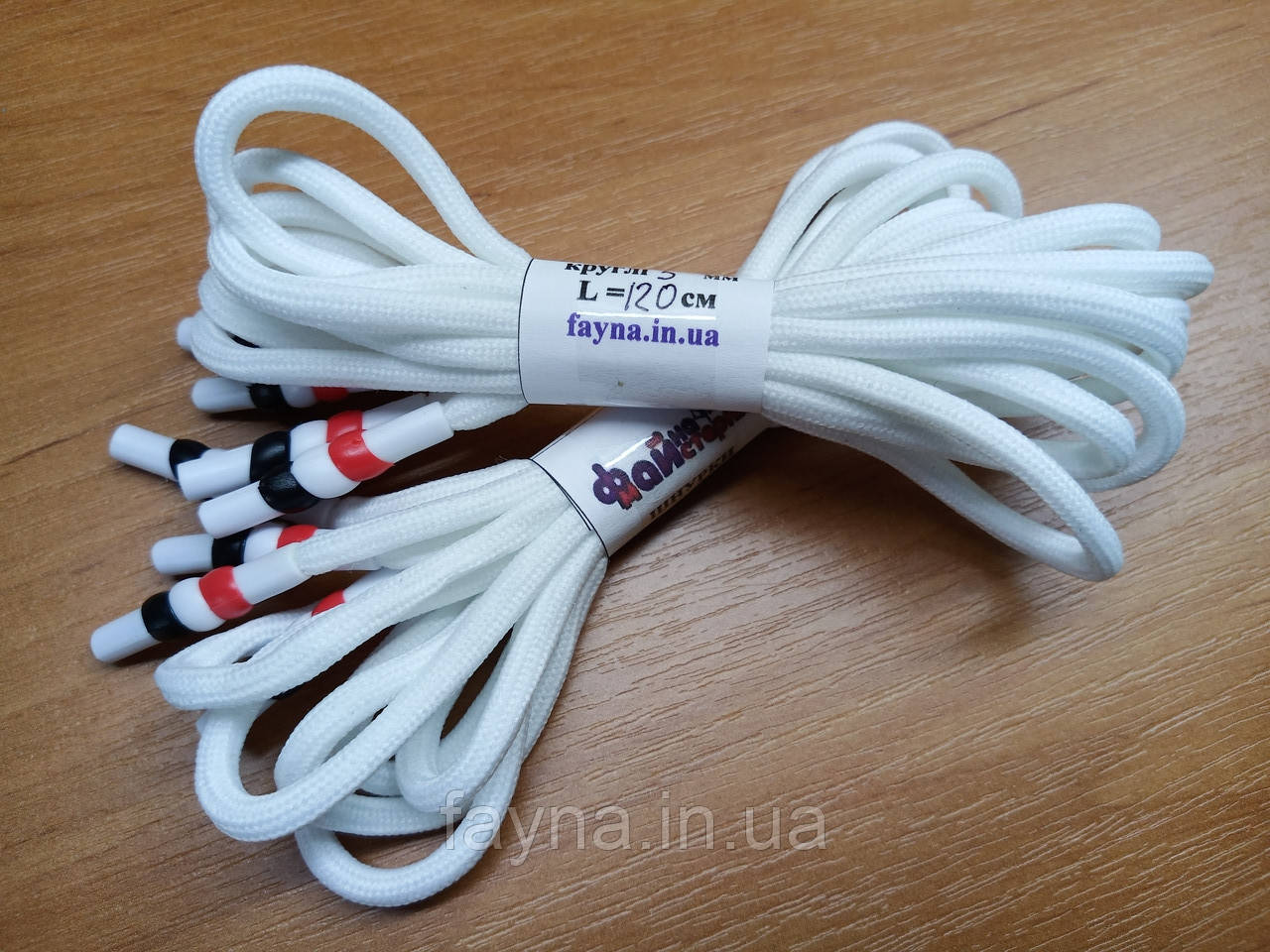 Круглі білі шнурки Неон ФМ 5мм з декоративним наконечником, довжина 120см, фото 1