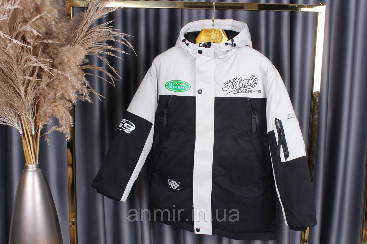 Зимова куртка з капюшоном оверсайз юніор ЛОГОТИП для хлопчика 11-14 років, чорна з молочним