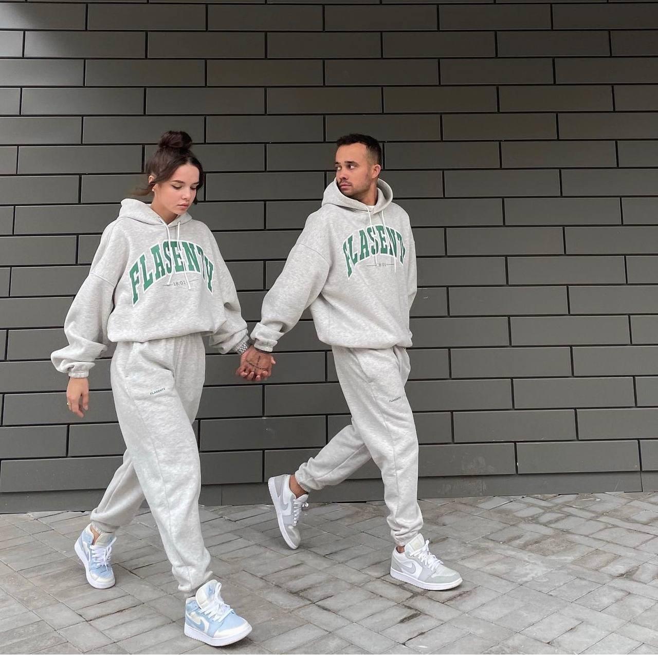 Парні костюми на флісі Family look, трьохнитка на флісі, Худі та штани оверсайз, у сірому кольорі