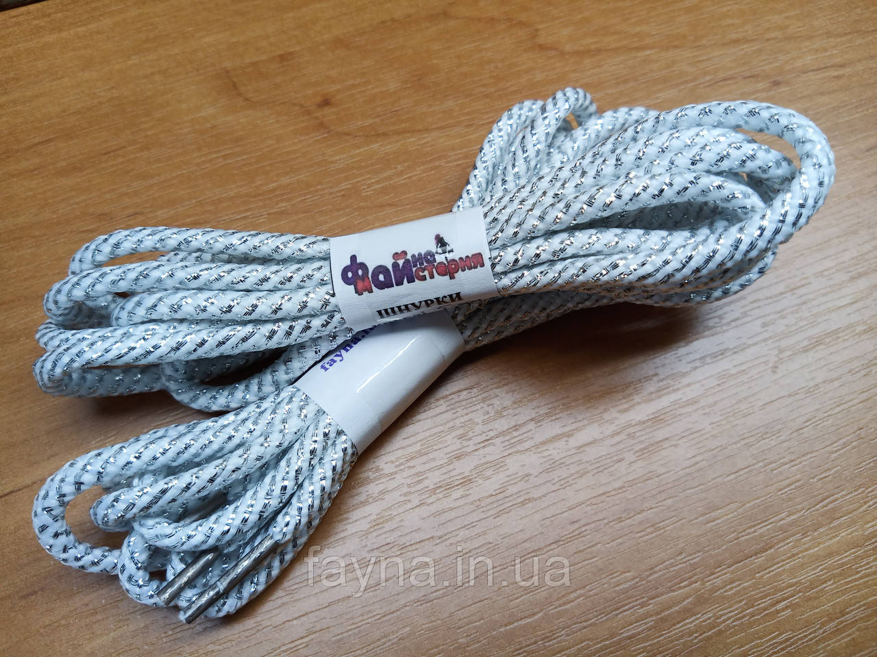 Шнурки ФМ 5мм Спіраль круглі сріблясто-білі з люрексом, L=120 см, фото 1