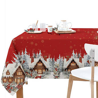 Скатертина з бавовни прямокутна червона з новорічним малюнком Hogar Centrotex 140x240 см