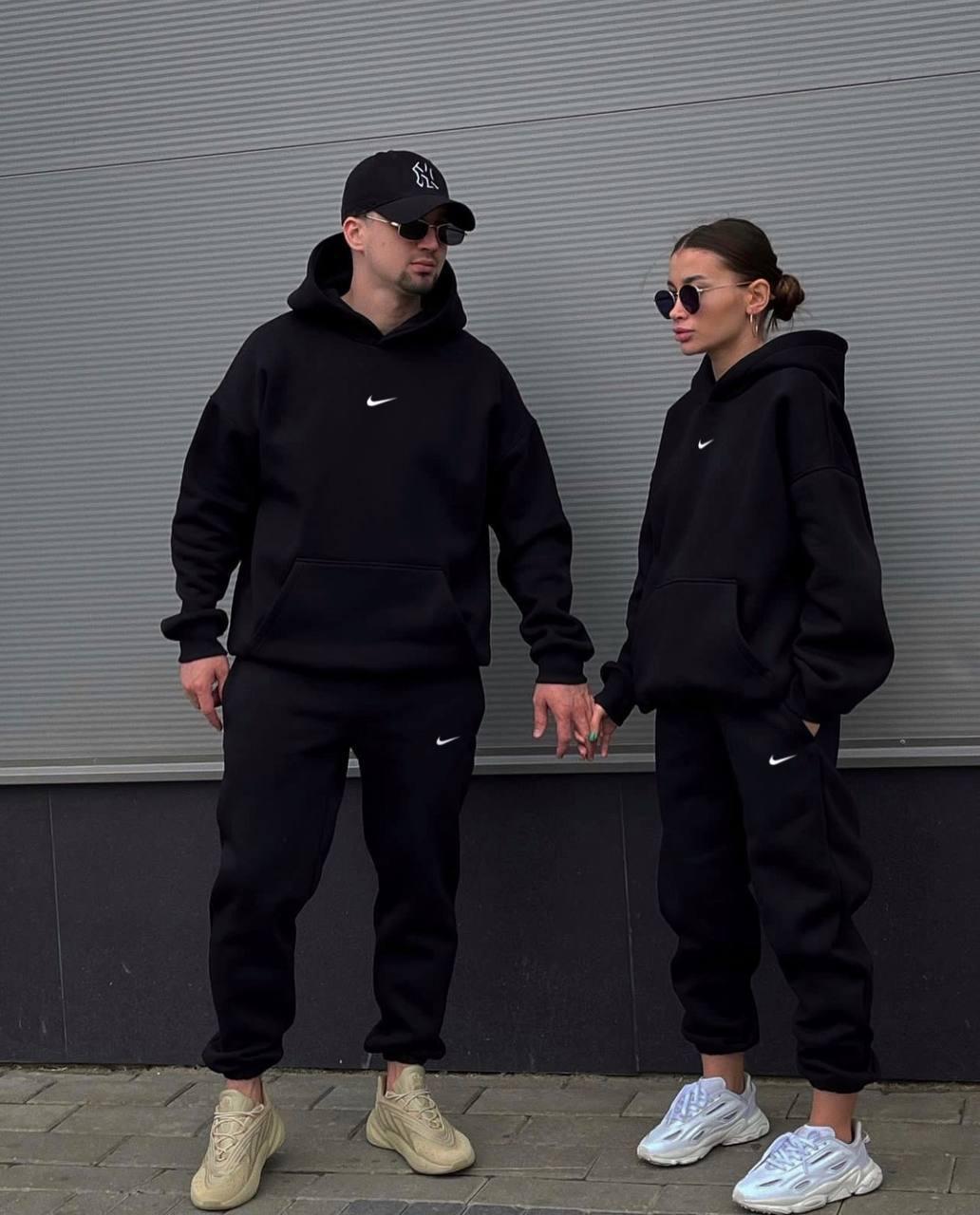 Парні костюми NK на флісі Family look, трьохнитка на флісі, Худі та штани оверсайз, колір Чорний