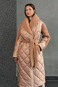 Пальто жіноче зимове стьобане бежеве без капюшона з поясом 3607-03