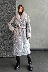 Пальто жіноче зимове стьобане бежеве без капюшона з поясом 3607-01