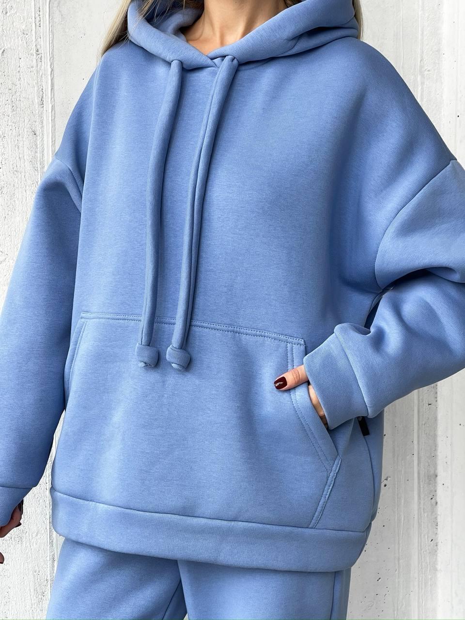 Блакитний жіночий теплий спортивний костюм-двійка з тринитки на флісі: Штани та Кофта Худі з капюшоном, фото 1