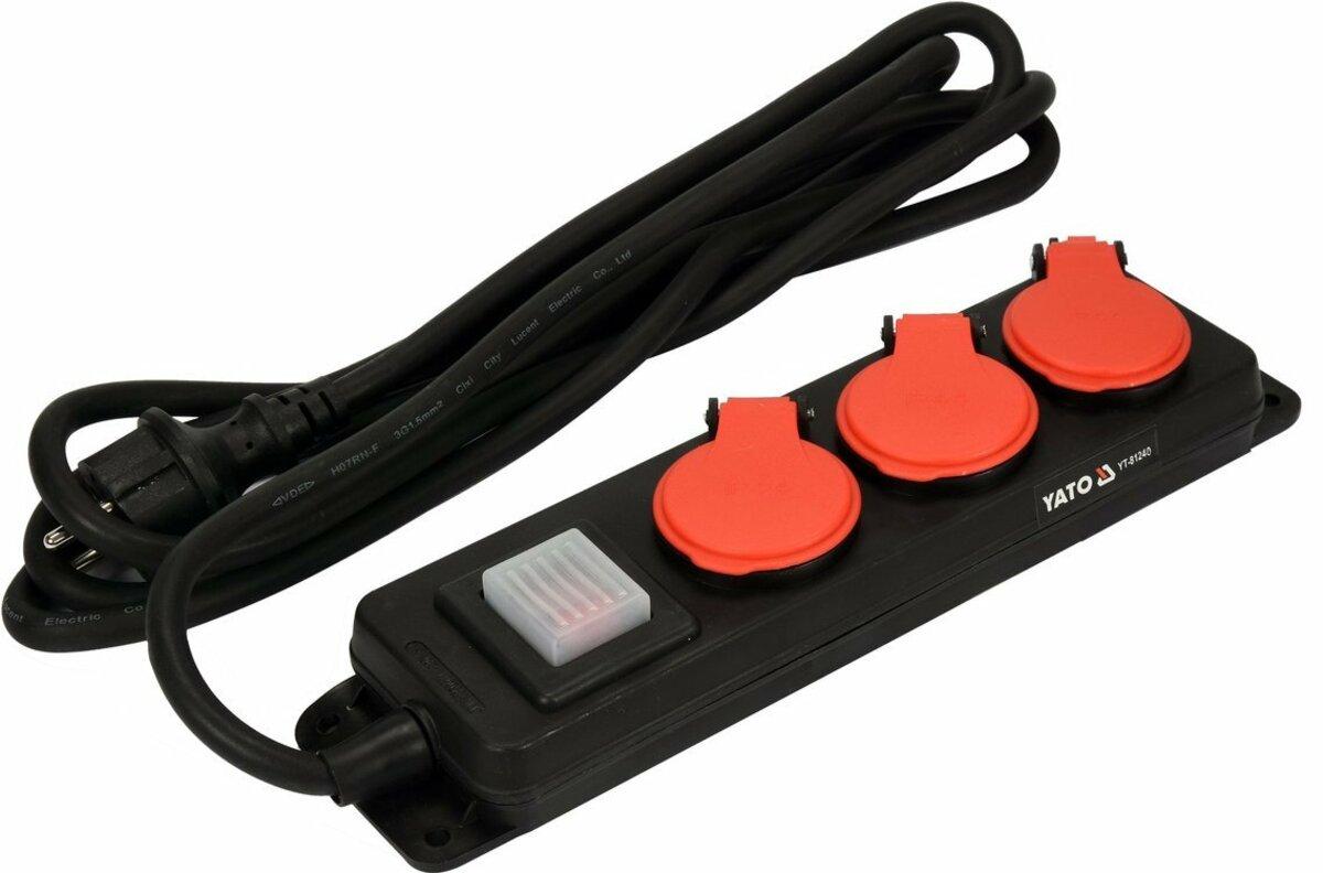 Подовжувач ел.-мережевий YATO: l=3м, колодка з 3 гніздами і вмик, 3-жильний S=1,5 мм², з заземл [10]