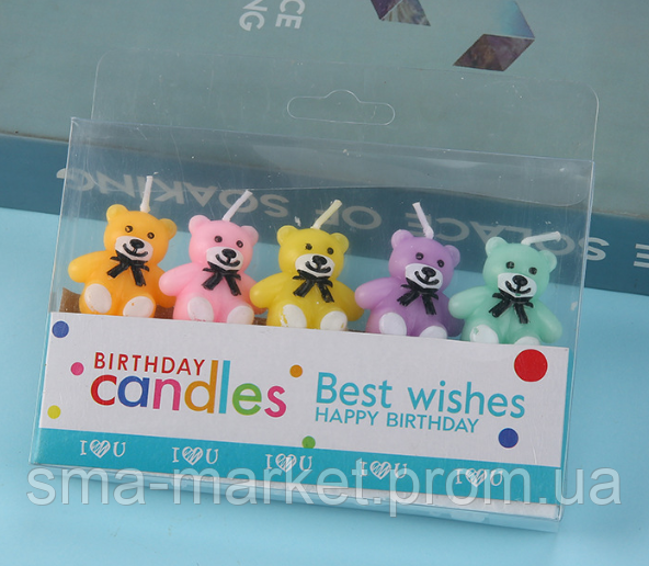 Свічки для торта фігурніМІШКИ 5 шт Різнобарвні