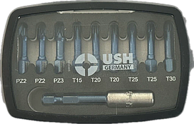 Набір насадок викруткових Blueshock USH: 1/4"х 30 мм, PZ2-3; T15-20-25-30, магнітний тримач, 10 ел.
