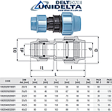 Муфта редукційна компресійна з'єднання для поліетиленових труб Ø 40х25 PN16 PP-B УФ захист Unidelta 1002, фото 2