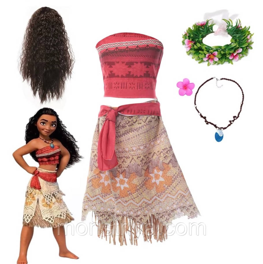 Карнавальний костюм Моана, на зріст 130-140 см. плаття + перука + вінок + кулон, фото 1