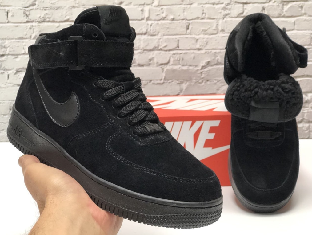 Чоловічі зимові кросівки Nike Air Force 1 Winter Black High Взуття Найк Аір Форс чорні на хутрі високі замшеві теплі