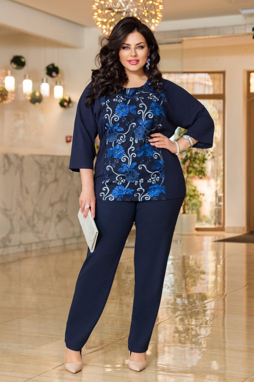 Костюм-двійка жіночий штани+блуза креп-дайвінг+вишивка на сітці 50-52, 54-56, 58-60 (5) beg1393-6176