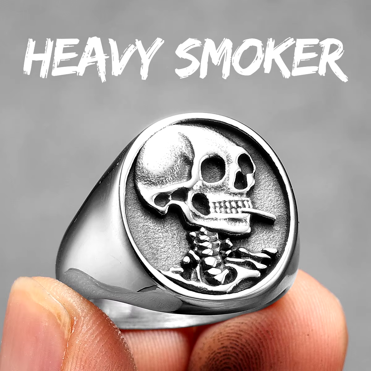 Кільце печатка перстень чоловіче сталеве HEAVY SMOKER 19 з медичної нержавіючої сталі з Черепом
