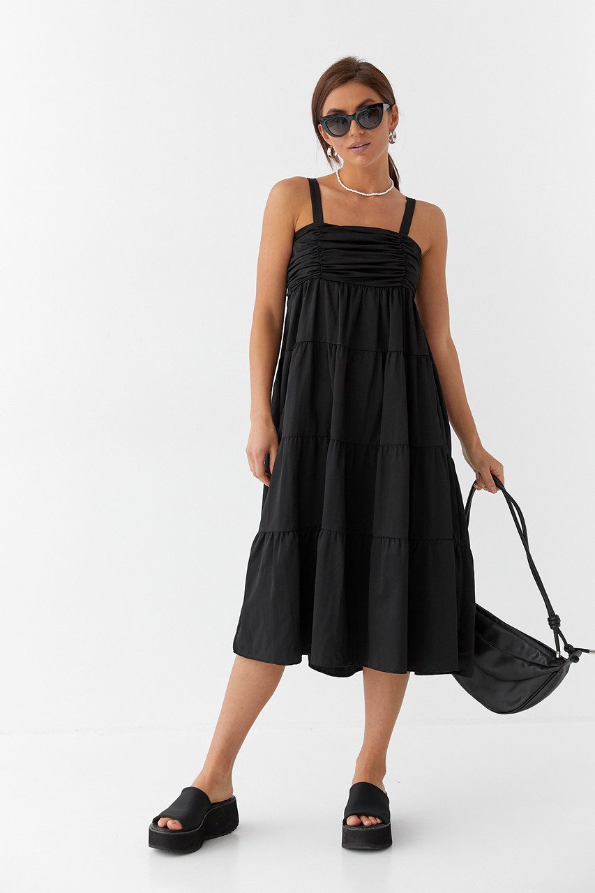 Сарафан міді з драпіруванням на пілочці Ello — чорний колір, L (є розміри), фото 1
