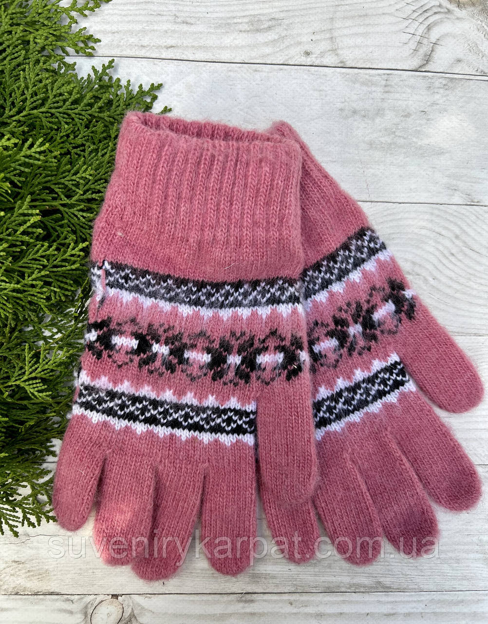 Рукавиці з овечої шерсті "Орнамент", Рожевий, фото 1