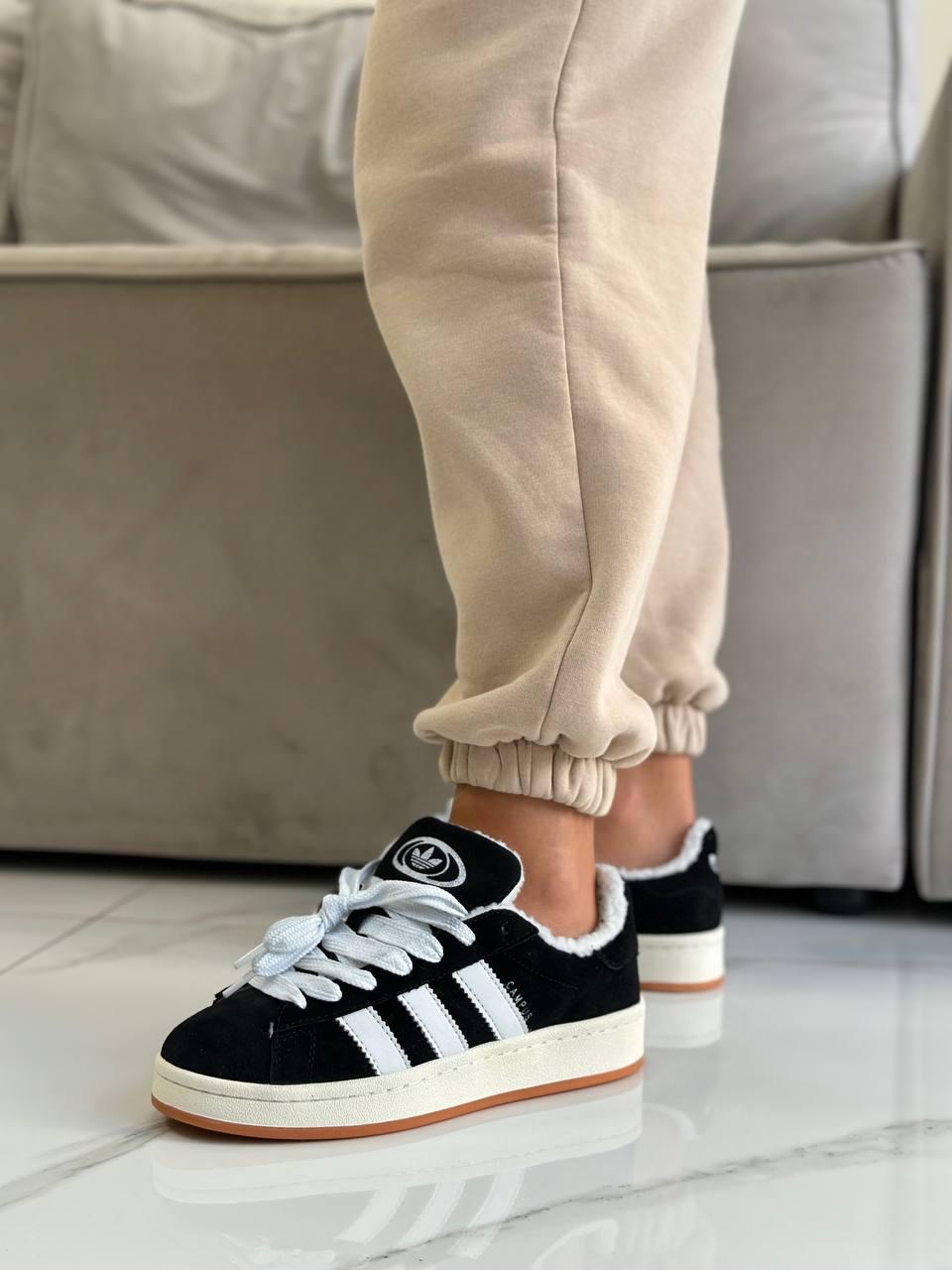 Жіночі зимові кросівки Adidas Campus black Fur (чорні) спортивні повсякденні кроси 7001 Адідас vkross