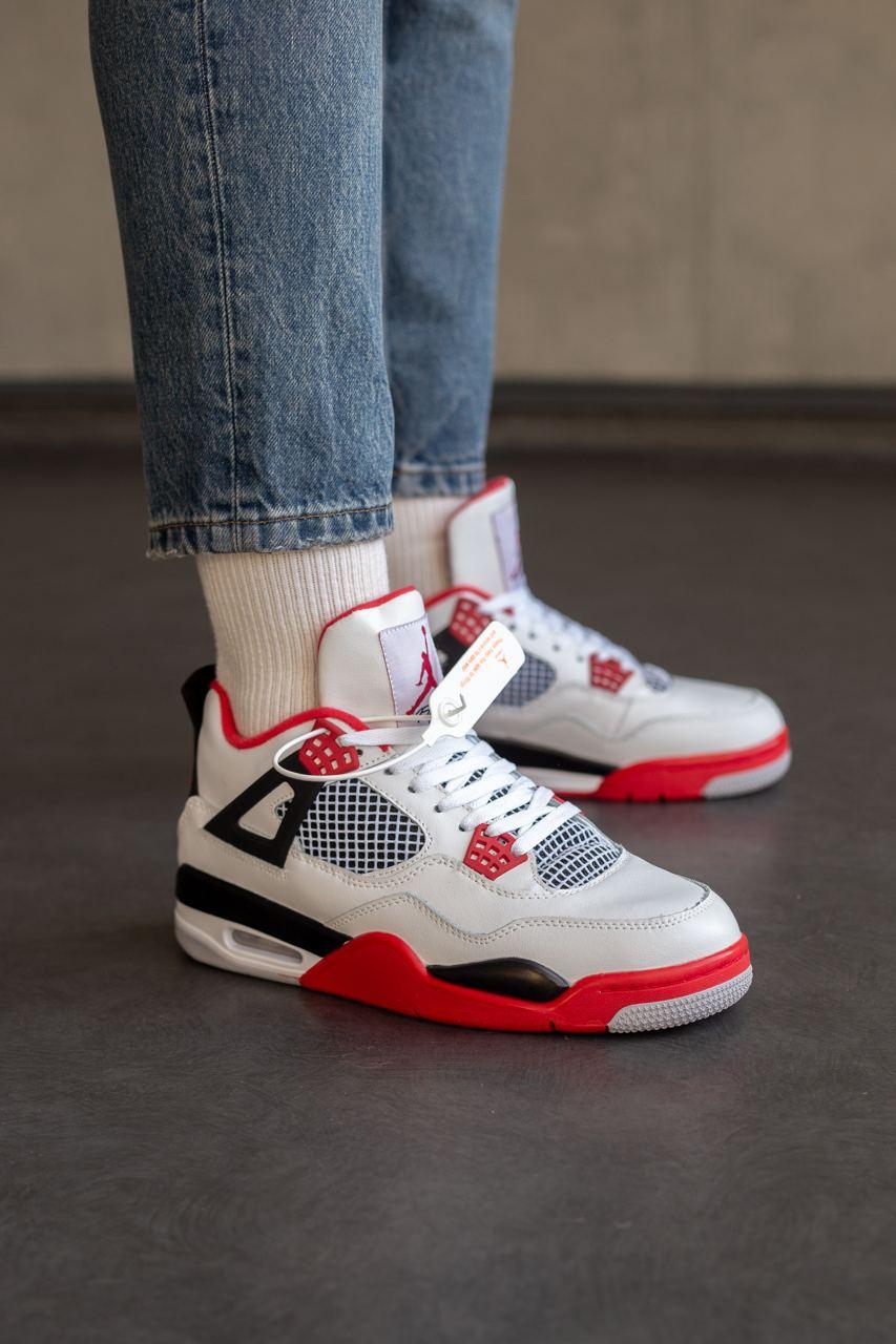Чоловічі зимові кросівки Nike Air Jordan Retro 4 "Fire Red" Winter (білі з червоним) на хутрі art 0928 vkross